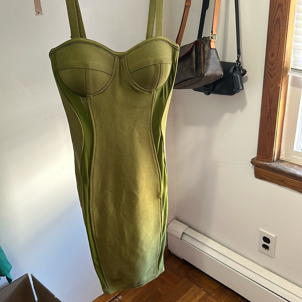 Green dress, bodycon, bustier fit, partial mesh sides